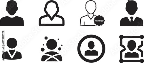 Collection of black silhouette icons representing people portraits and user profiles for digital interfaces