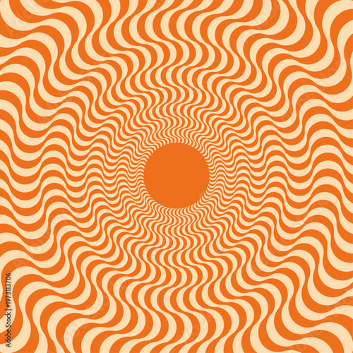 Retro orange and beige background with a vintage circus sunbeam. Psychedelic colorful swirl poster, abstract pattern in the style of 70s carnival. Hypnotic sunbeam vector illustration. Optical wave 