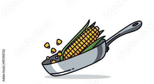 Whimsical illustration of a freshly picked ear of corn being prepared in a cooking pan with kernels scattered around