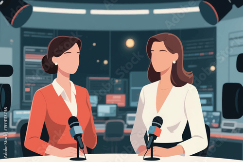 Television news desk with two anchors, microphones, screens, and studio lighting, stylized vector illustration.