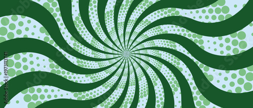 Retro green background with vintage circus sunburst. Psychedelic colorful swirl poster, abstract pattern in 70s carnival style. Hypnotic sunburst vector illustration.