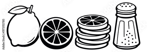 Hand drawn line art ingredient set featuring a lemon, lemon slices, and a salt shaker for cooking