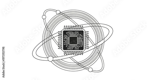 A black microchip is depicted centrally, surrounded by abstract orbital rings and spheres