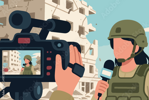Field reporter in protective gear with microphone and video camera in disaster zone, stylized vector illustration.