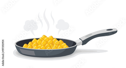 Steaming hot kernels of corn sizzling in a dark frying pan illustration with wisps of steam rising in a clean white background