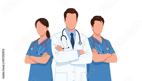 Vector professional medical team of doctors and nurses standing with arms crossed