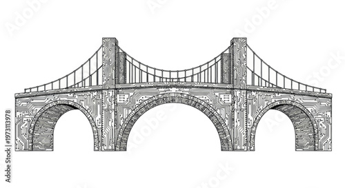 Cuadro en lienzo Detailed illustration of a suspension bridge with stone arches and circuit board