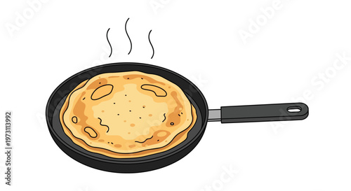 Freshly Cooked Golden Pancake Sizzling in a Black Frying Pan Emitting Warm Steam Against a White Backdrop