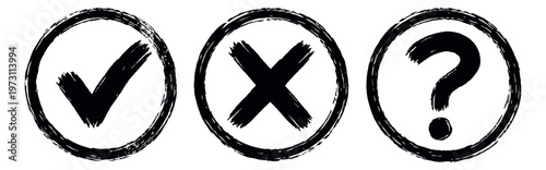 Grunge hand drawn symbol icons set featuring a checkmark, cross, and question mark for decision making and feedback