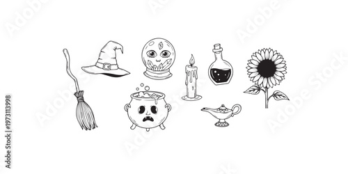Whimsical sketch collection masks bottles and a sunflower in black and white