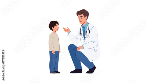 Vector a friendly doctor in a white coat kneeling down to talk to a young boy in a clinic setting