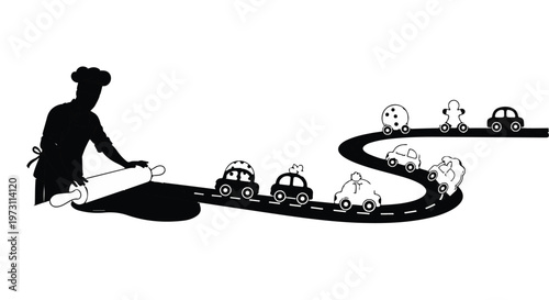 Baker rolling dough to create a winding road for whimsical vehicles.