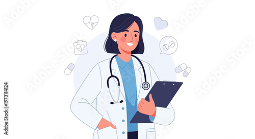 Illustration of a female doctor with a stethoscope around her neck holding a tablet with icons around her on a white background.