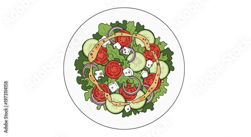 A vibrant illustration of a fresh garden salad presented artfully on a clean white plate