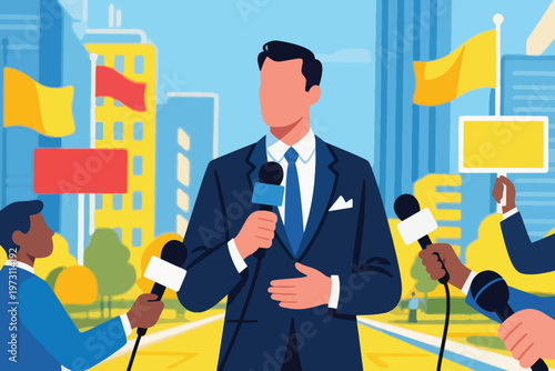 Press conference in city with spokesperson in blue suit surrounded by journalists and microphones, stylized vector illustration.