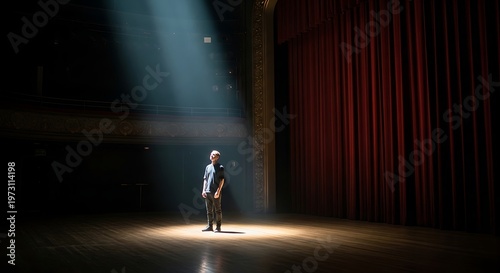 A single performer stands alone in the center of a theater stage under a dramatic spotlight.