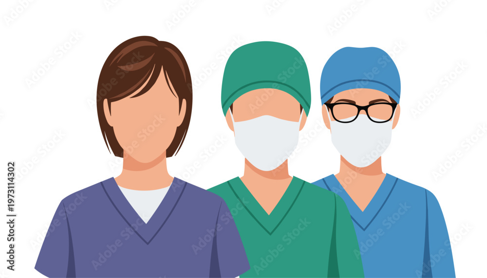 Fototapeta premium Vector group of medical professionals in scrubs and surgical masks