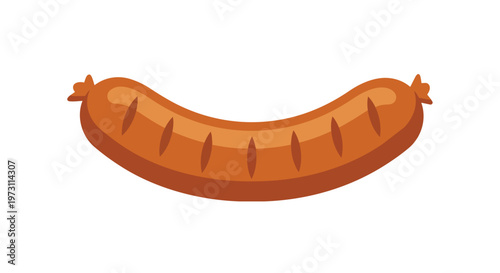 A single, cartoonish, appetizing sausage with a smooth brown casing and subtle char marks, presented on a stark white background for isolated focus.