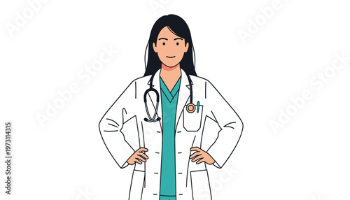 Vector portrait of a female doctor wearing a white coat and stethoscope