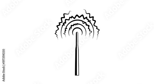 Stylized black line art depicts a radio tower emitting waves