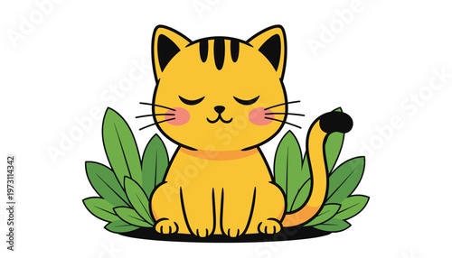 Vector cute cartoon cat sitting in the leaves, vector illustration of a happy kitten in a meditative pose