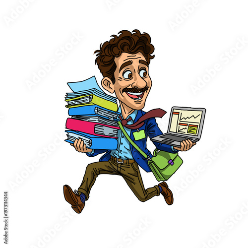 Energetic businessman running with a stack of books and a laptop. Cheerful student or worker in a hurry for success. Vibrant vector illustration for education, multitasking, and busy lifestyle.