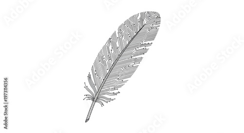 Feather transformed into a circuit board design, intricate lines and nodes