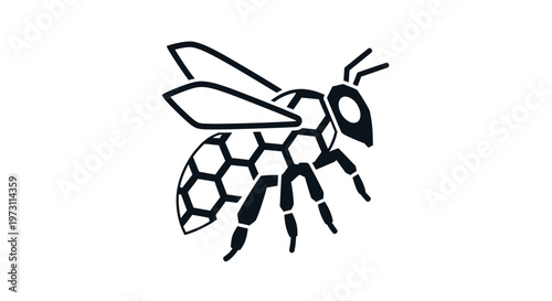 Stylized black bee with hexagonal pattern on its abdomen