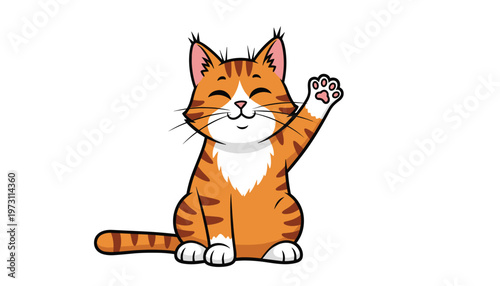 Vector cute cartoon orange tabby cat waving hello