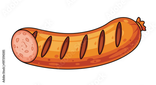 Illustrative Cartoon Sausage With Sliced End and Grill Marks On White Background, A Delicious Food Item