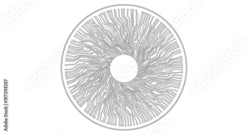 Gray circular circuit board pattern resembling an iris with radiating lines