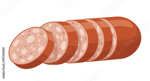 A whole sausage elegantly sliced into delectable, circular portions, showcasing its appetizing texture and rich, savory appearance in a vibrant