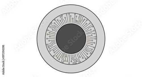 Stylized digital eye with circuit board iris pattern on grey background