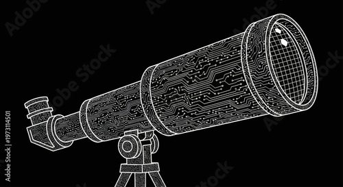 Futuristic telescope with intricate circuit board design on black