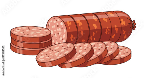 A flavorful illustration showcasing a fully smoked sausage, beautifully sliced and stacked for culinary delight.