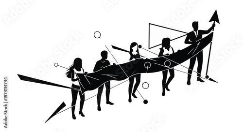 Diverse team rowing together towards a bright future and upward growth.