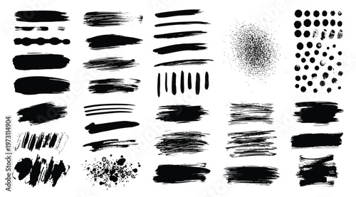Set of black ink brush strokes and paint splatters