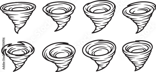 Hand-drawn illustration of eight wine glasses in various pouring positions Vector