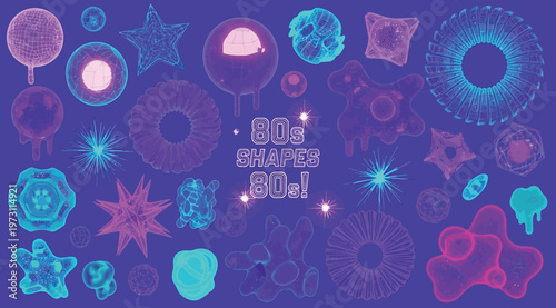 Set of 80s retro abstract shapes, neon glowing geometric figures, liquid blobs, and starbursts on blue background