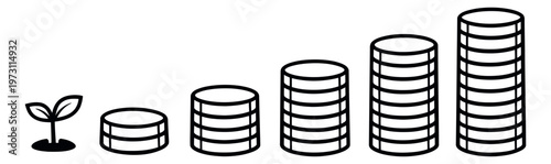 Line art growth icon set featuring a plant sprout and increasing stacks of coins for financial progress