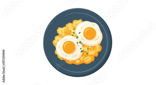 A visually appealing flat design illustration of a hearty breakfast featuring two perfectly fried eggs atop a mound of savory hash browns, garnished