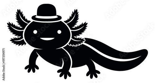 Cute cartoon illustration of an axolotl depicting it wearing a bowler hat for children's design