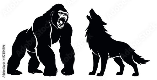 Stylized graphic animal set featuring a roaring gorilla and a howling wolf for wildlife and emblem designs