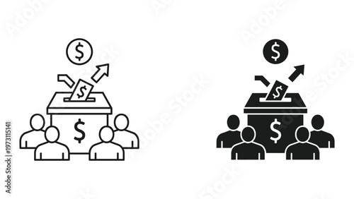 Two black and white illustrations of people putting money into a box with a dollar sign on it and arrows pointing upwards with a coin above