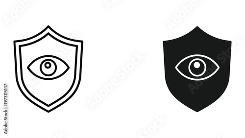 Two shield icons with an eye in the center, one black and one white, on a plain background for security and protection concepts