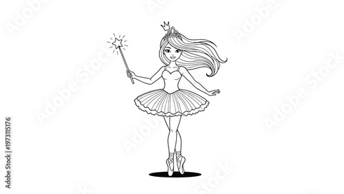 Delicate black and white line art drawing of a beautiful ballerina princess holding a magic wand and wearing a crown and tutu.