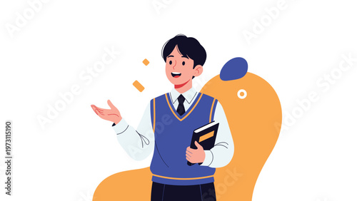 Cheerful young student boy in a blue vest holding a book and gesturing with his hand while standing against an abstract background.