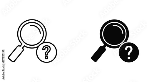 A graphic illustration of two magnifying glasses with question marks on a white background for search or investigation concepts