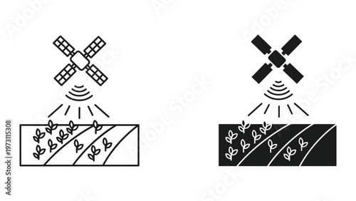 An illustration showing the contrast between daytime and nighttime satellite or drone agricultural monitoring with two side-by-side images of a satellite or drone hovering over a field with plants