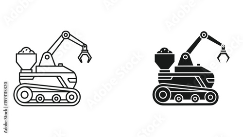 Two black and white excavator machines with bucket and claw on tracks side by side on a plain white background